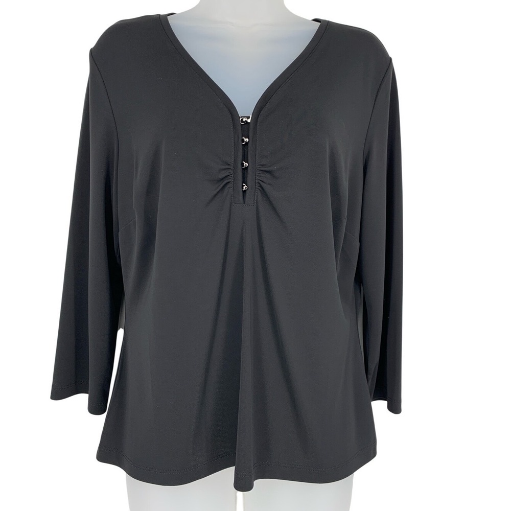 Talbots Medium Black Hook Front Top Stretch Knit 3/4 Sleeve Minimalist Work